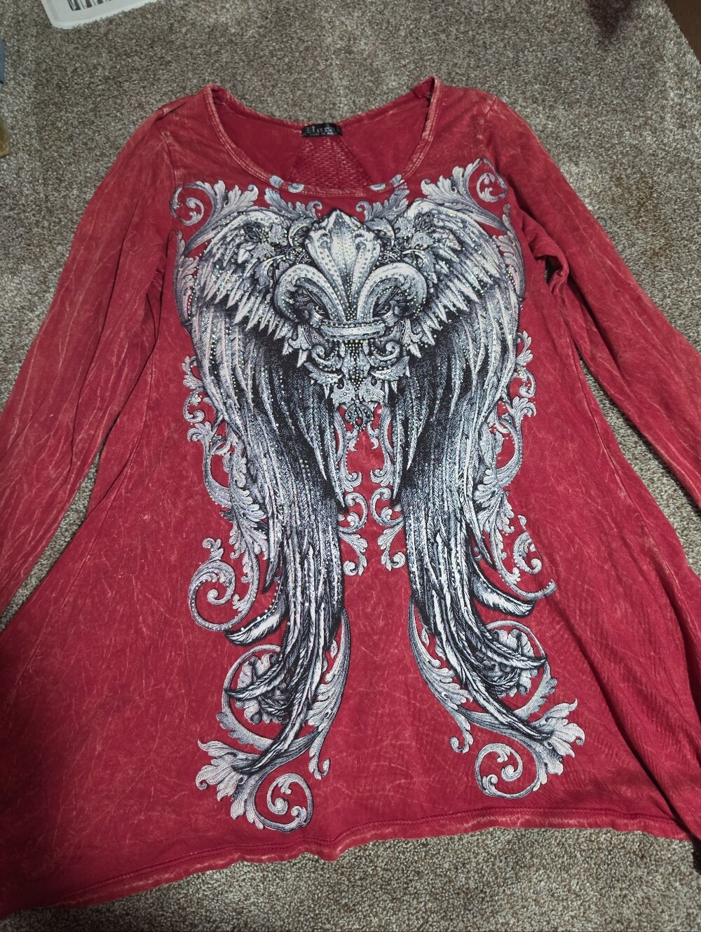 Lux Red Long-Sleeve Graphic Tee with Metallic Silver Wing Motif